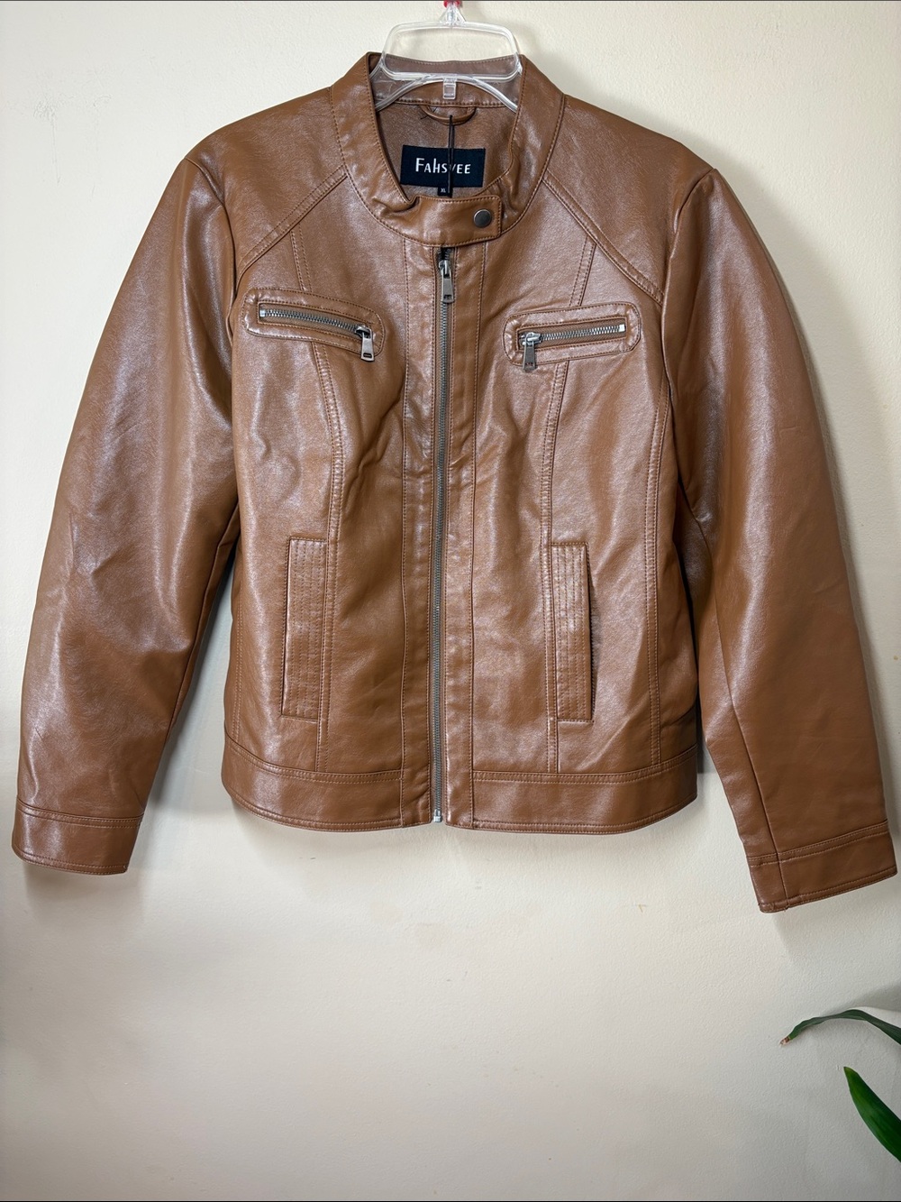 Fahsyee Brown Faux Leather Moto Jacket, XL NEW